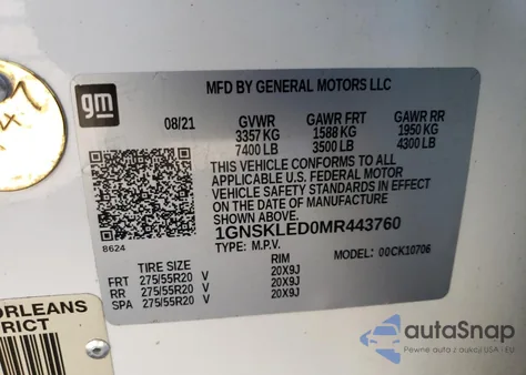 2021 Chevrolet Tahoe K1500 z USA, uszkodzony, nr VIN 1GNSKLED0MR443760